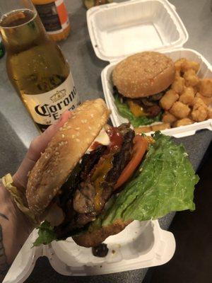 Mushroom, bacon cheeseburger with hot peppers