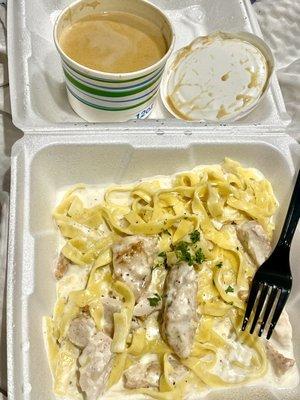 Butternut squash soup and fettuccine Alfredo with chicken