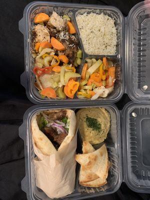 Wrap, hummus and pita, rice, salad, veg.