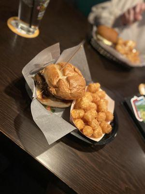 Black bean burger and regular tots