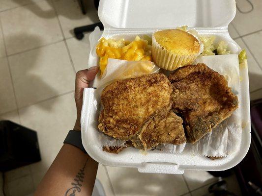 Pork chops with mac & cheese, cabbage, pigeon peas & rice, and cornbread