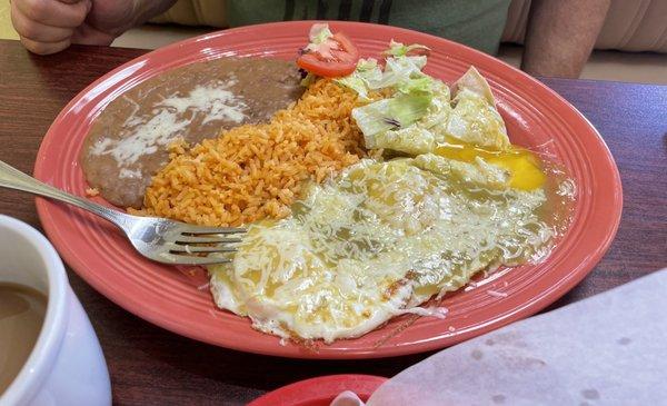 Huevos Rancheros with coffee and flour tortillas