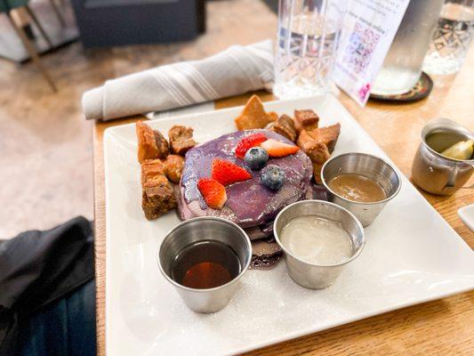 UBE PANCAKES & LECHON KAWALI WITH MACAPUNO SYRUP