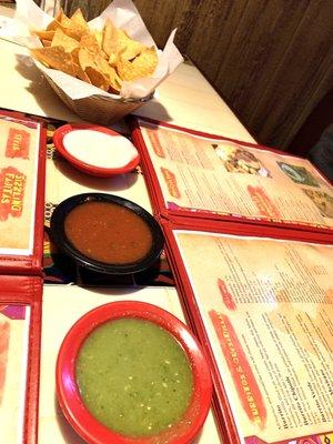 Three complimentary sauces with chips