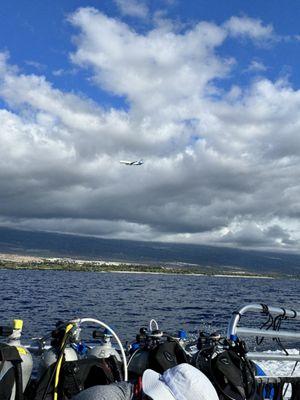 Kona coast line, Hawaii airport, scuba gear