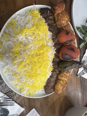 Chicken soltani, beef koobideh, roasted tomatoes, roasted jalapeño, white basmati rice & yellow basmati saffron rice.