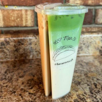 Split Cup with Dulce de Leche Iced Coffee on one side and Horchata Matcha on the other