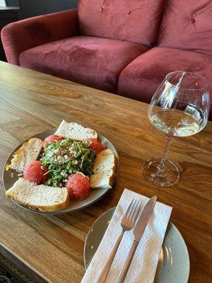 Watermelon salad with focaccia and a lovely glass of bubbles.