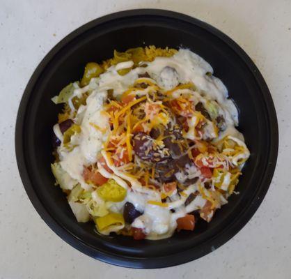 Beef kabob bowl with yellow basmati rice