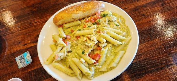 Barely any chicken in the chicken pesto pasta $13.38