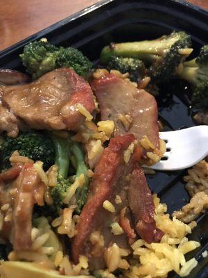 Roast pork and broccoli dinner with pork fried rice