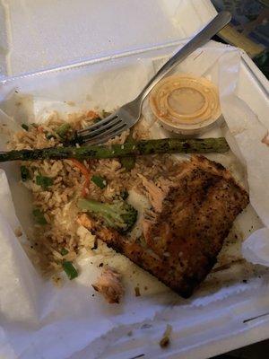 Blackened salmon with Fried rice and asparagus wish I would have takin the picture at the began, it's a little late just so good.