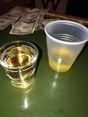 Whiskey with a pickle back. $3 on Tuesdays and Thursdays. My new favorite shot.