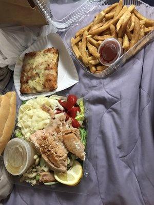 So goooood salmon salad French fries and Sicilian pizza slice.