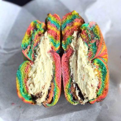 Rainbow bagel with cookies and cream, cream cheese.