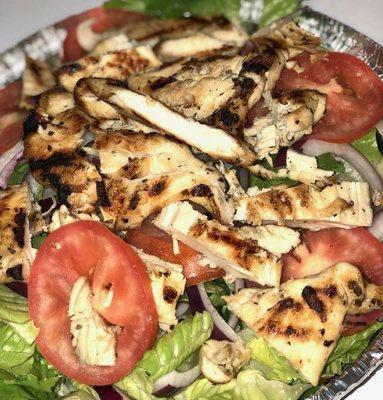 Garden Salad with Grilled Chicken, Cheese Pie topped with Pepperoni and Sauteed Broccoli, and Buffalo Chicken Fingers