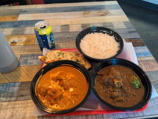 Goat Curry with naan and Butter Chicken with rice.   This was great!