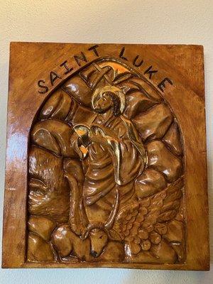 Another woodcarving of their patron inside the chapel.