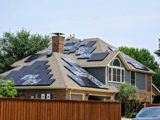 Severe hail damage to the roof and solar panels during the hail storm that hit Allen and Plano on 5/19/23. Full roof replacement