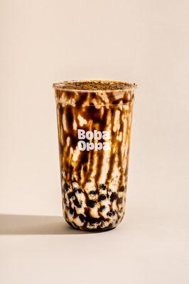 Brown Sugar Boba Milk. Organic milk, brown sugar boba, and milk foam topped off with a brown sugar brulee. Sweet, milky, and caffeine-free.