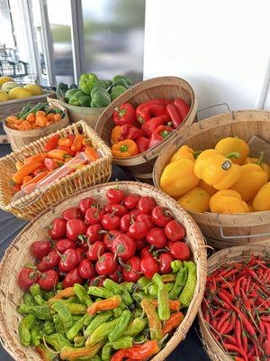 A wide variety of fresh sweet and hot peppers!  Thai chili, Serrano, habanero, shishito, cherry, jalapeño, poblano, Fresno, and bell peppers