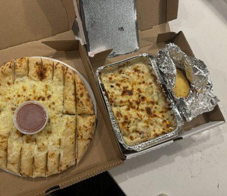 Cheese sticks & chicken alfredo pasta bake.