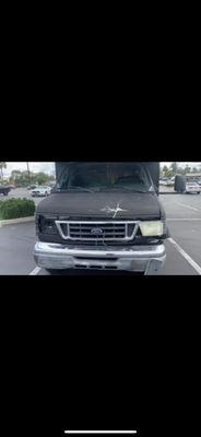 Hood windshield headlights and the the steering rack being bent giving the RV negative offset camber (dangerous for top-heavy)