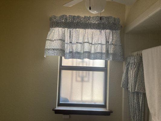 Kim made "sentimental" curtain using scrapes from family homestead curtains for us