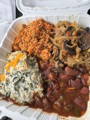 Soy protein picadillo, cabbage with mushrooms, spinach with tofu pastellon, and red beans