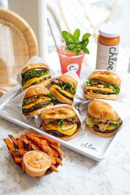 Classic Burgers, Watermelon juice, Cold Pressed Juice, Sweet Potato Fries