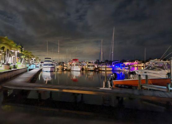 In front of the hotel at night on the Bay Side