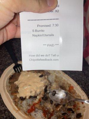 The receipt saying "burrito," but received a bowl