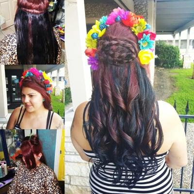 Fun Fiesta themed Wedding bride..add extensions on a humid texas day on hard to curl hair = all day wear for the bride! Fun