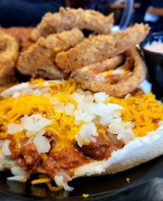 Hebrew National Chili dog Onion rings