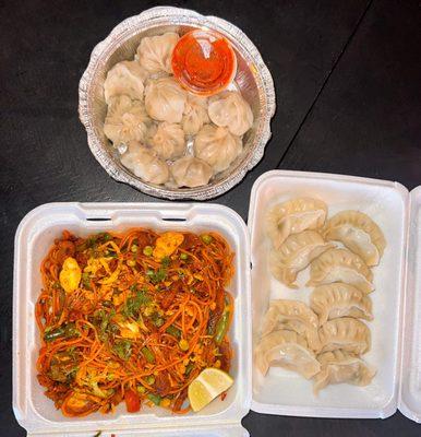 Chicken Chow Mein, chicken momo at the top, and pork johl momo before the soup was added