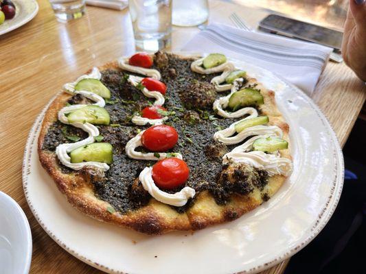 Brunch Menu: Mankoosha oven baked flatbread, zaatar mix with olive oil, tomatoes, cucumbers, labneh