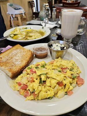 Eggs Mexicana with hot chai latte