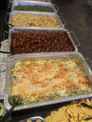 Spinach dip, sweet and spicy meatballs, Cajun chicken pasta