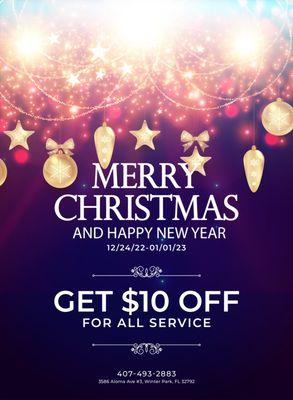 Holiday Promotion!
(12.24.22 to 1.01.23)
GET $10 OFF!
For all services!