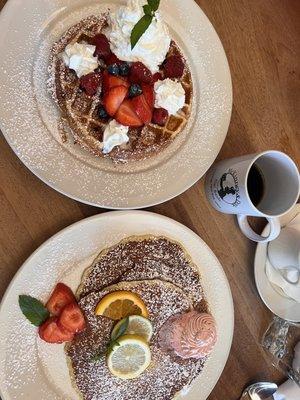 Belgian waffle and citrus pancakes