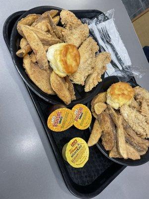 The 5 piece chicken strip meal with double sides of potato wedges and bonsai sauce and biscuits! This meal was so delicious!!