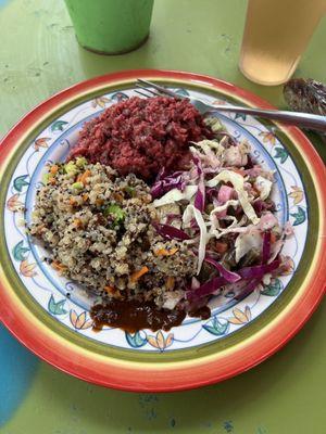 Beet, Basmati, air fried tofu, tahini rice, "rabbit food", and dressed up quinoa!