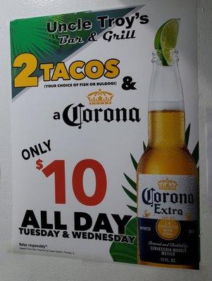 New special starting next week! 2 Tacos and a Mexican Beer or Jose Cuevo (strawberry or regular) Margarita for $10!