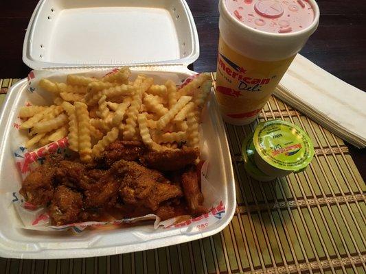 10 piece hot wing w/ lemon pepper sprinkle combo that includes crinkly fries,one dipping sauce, and drink.