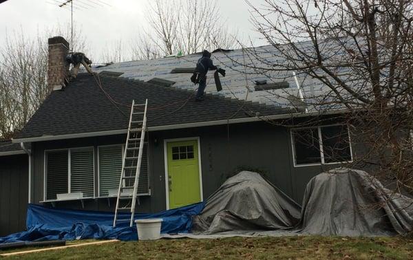 Laying down the new roof.