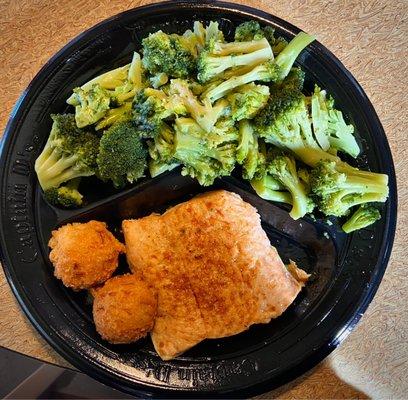 Salmon, broccoli, hush puppies