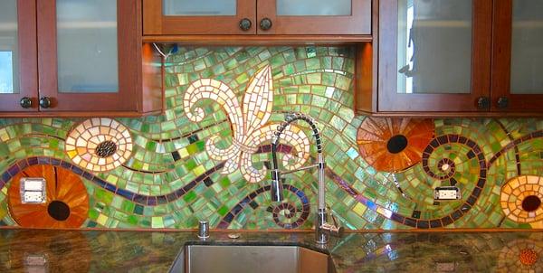 Custom glass mosaic backsplash by Rachel Rodi.