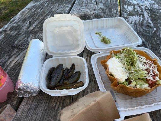 Taco salad, super burrito and grilled peppers