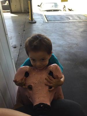 My son hugging the pig bench