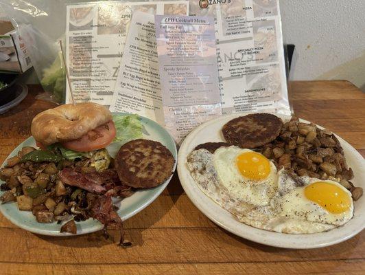 Brunch , BLT+egg on a bagel, eggs over easy with home fries